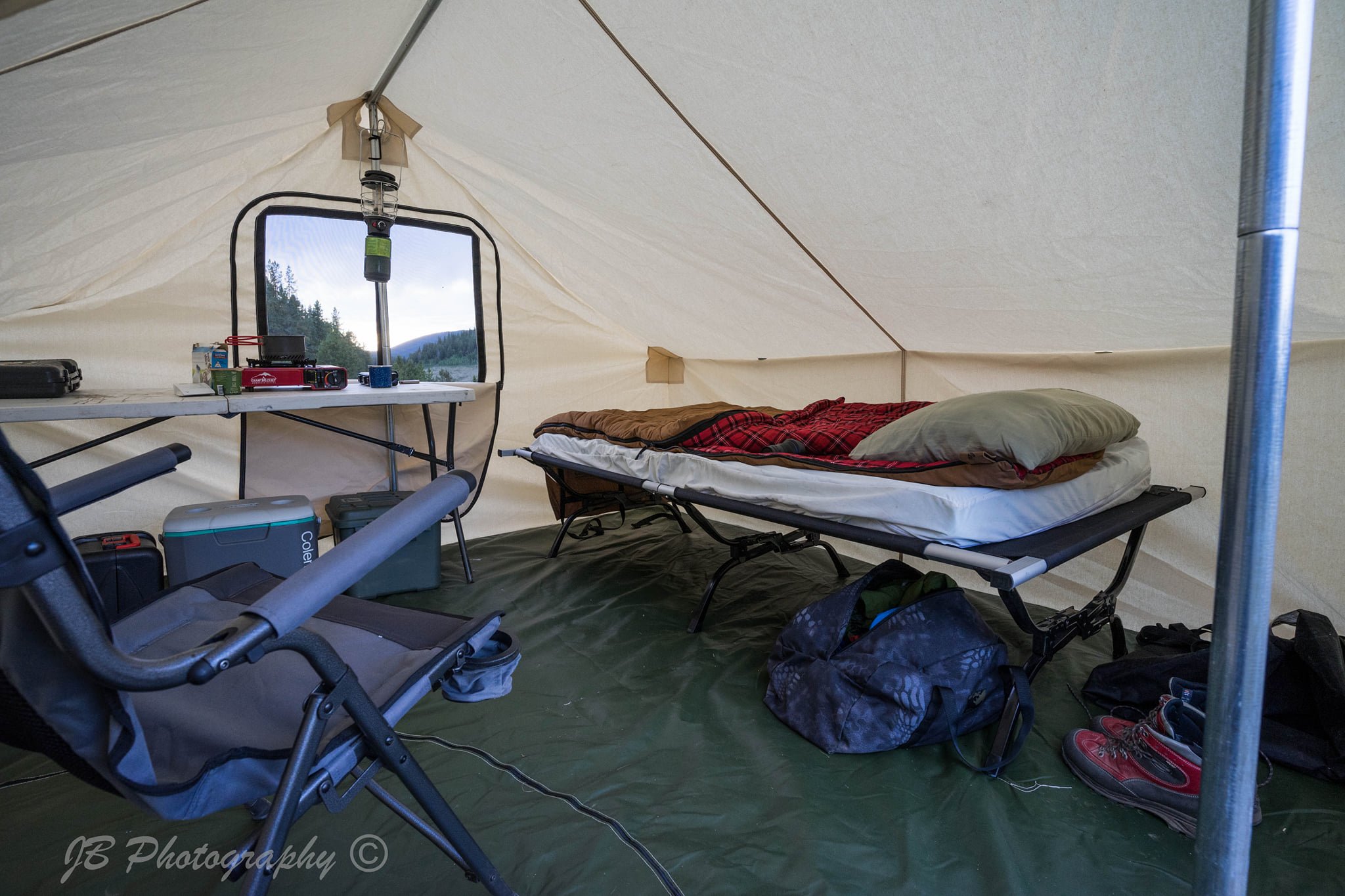 A look inside our canvas wall tent. Surprisingly it doesn't take