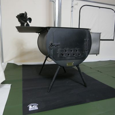 wood burning stove with stove mat